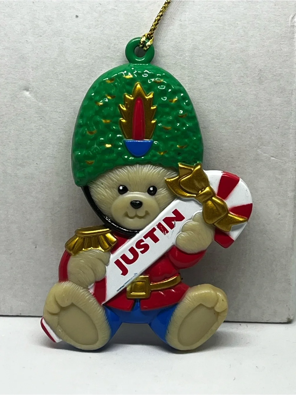 Vintage 1990’s Personalized British Teddy Soldier Ornament - Green Helmet, Red